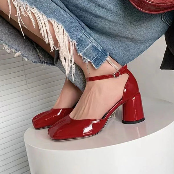 Elegant High Heels Pumps Red Patent Leather Slipt Toe Shoes